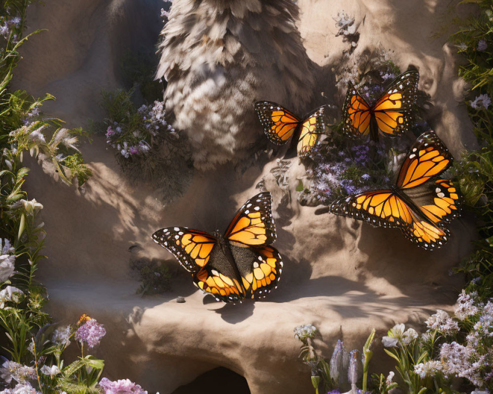 Owl perches above burrow with butterflies in sunny scene