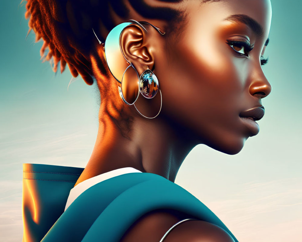 Intricate Braided Hair and Ornate Earring on Teal and Orange Background