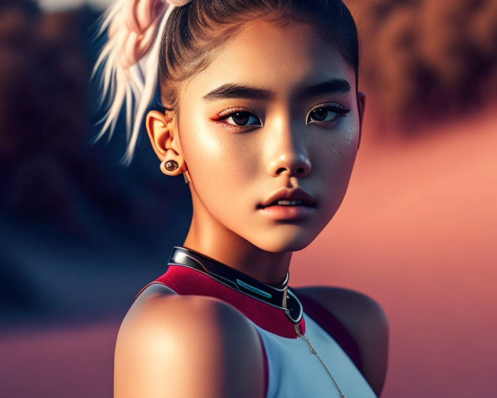 Edgy makeup and pastel hair bun on young woman with modern choker and bodysuit against