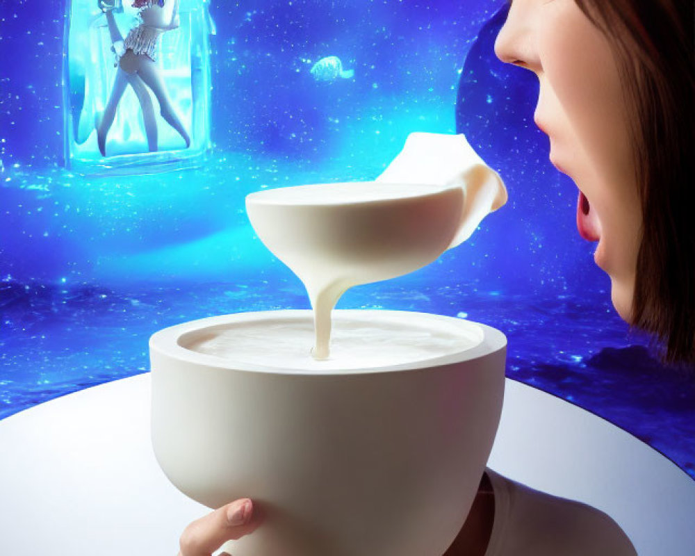 Surprised woman gazes at floating bowl with galaxy backdrop and frozen person.