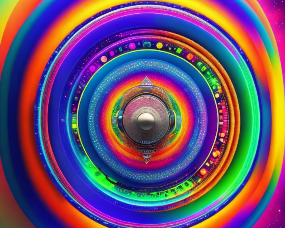 Colorful concentric circle digital artwork with rainbow spectrum and cosmic starfield.