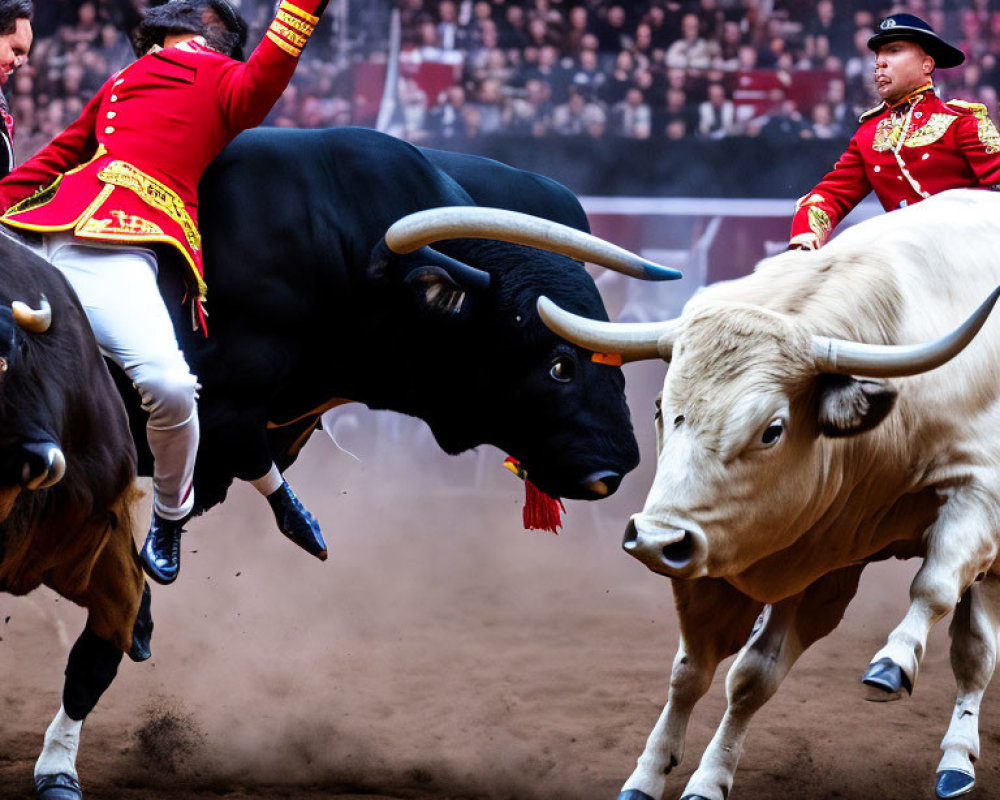 Traditional bullfighter in red and gold costume dodging charging bulls in arena with crowd.