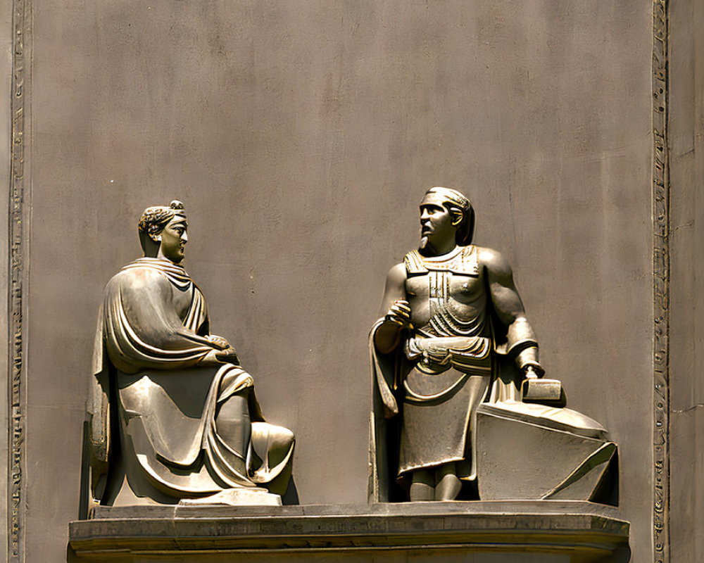 Bronze relief sculptures of seated and standing figures in conversation