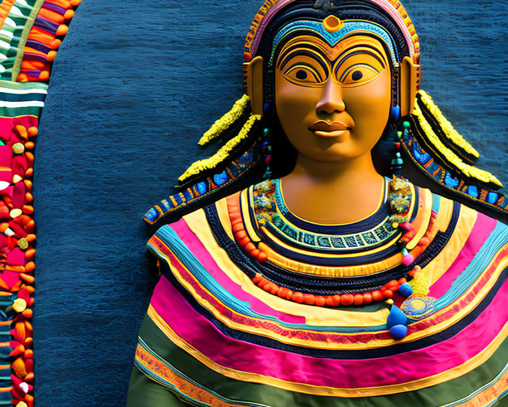 Colorful Woman Sculpture in Traditional Attire on Textured Blue Background