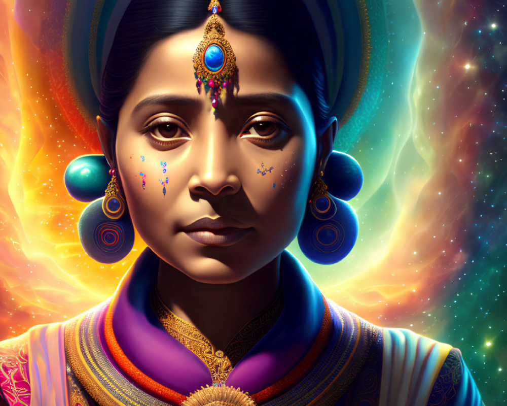 Traditional Indian jewelry on woman in cosmic backdrop with vibrant colors