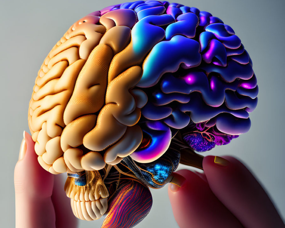 Vividly colored human brain artwork with intricate textures