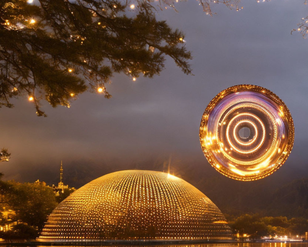 Illuminated spherical structure and swirling light installation reflecting on tranquil water at twilight