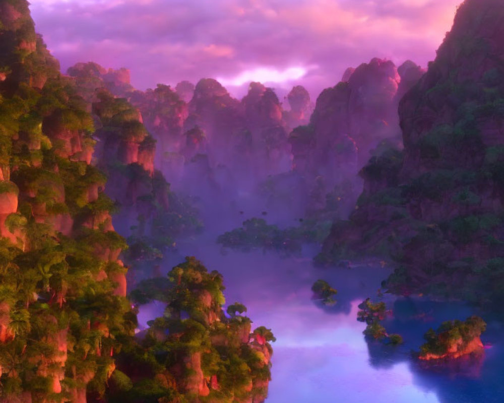 Mystical landscape with purple skies and green cliffs