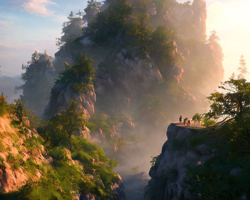 Misty mountains and lush greenery with figures on cliff