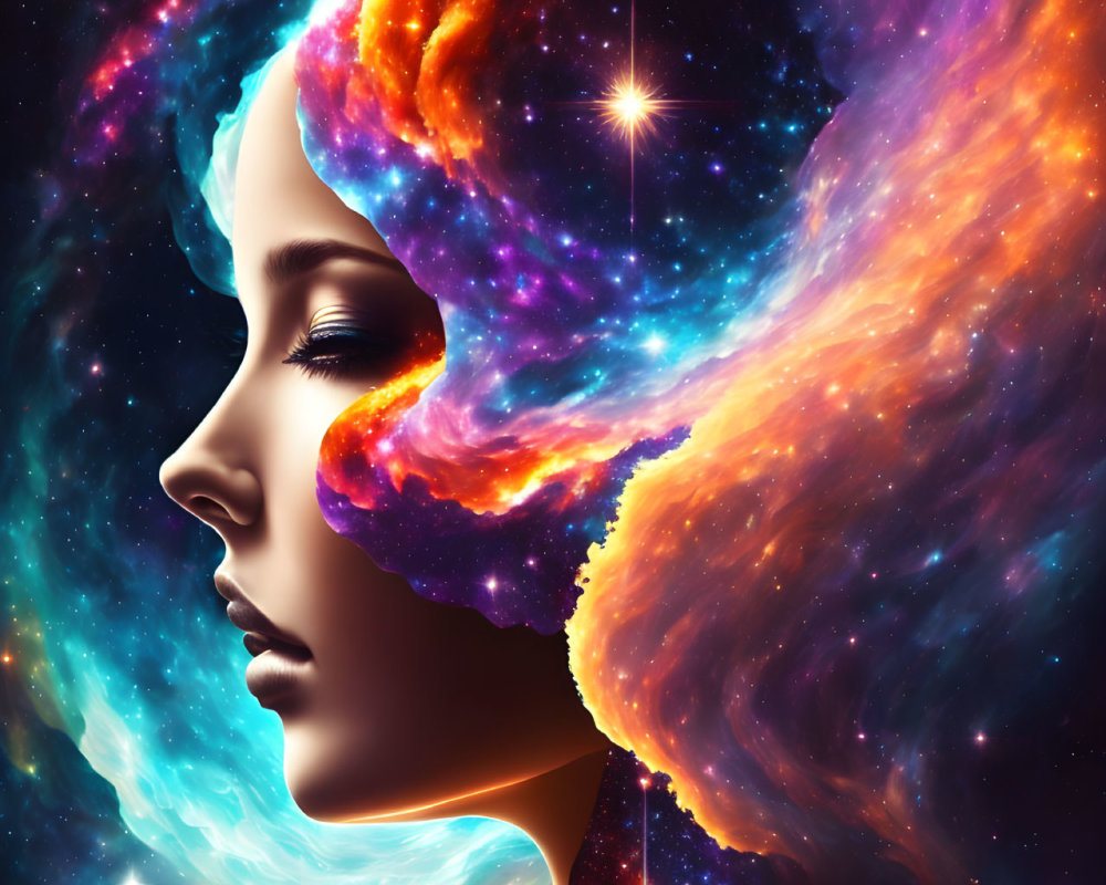 Portrait of Woman's Face Blending Into Cosmic Scene