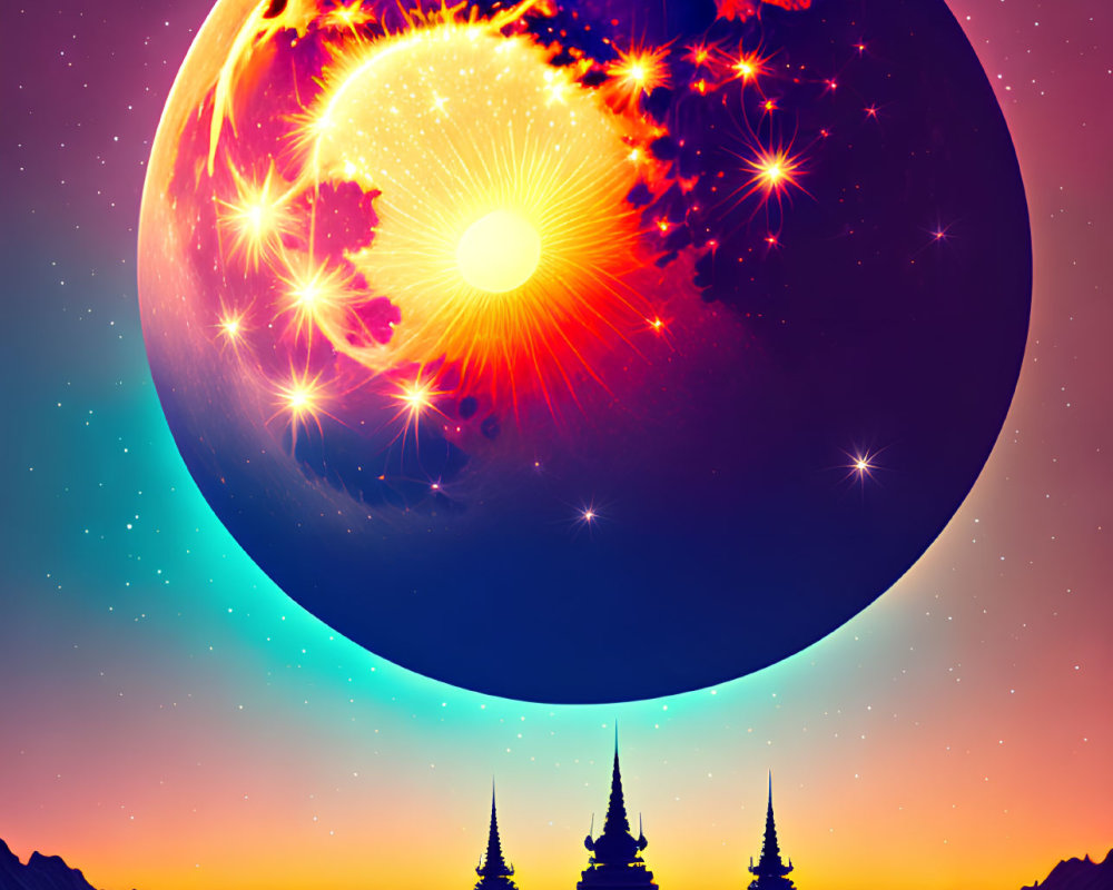 Digital artwork: Colossal fiery planet near fantasy spires in twilight sky