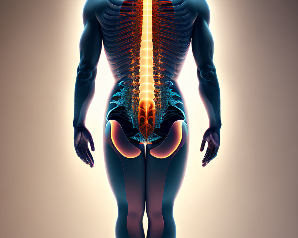 Detailed digital illustration of highlighted muscular system and spine in human body.