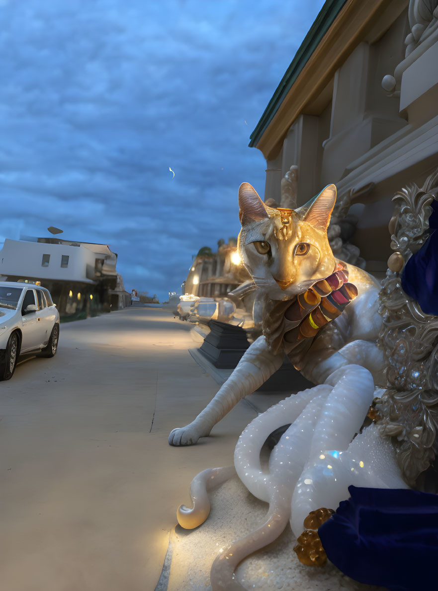 Surreal cat-snake hybrid on building ledge at dusk