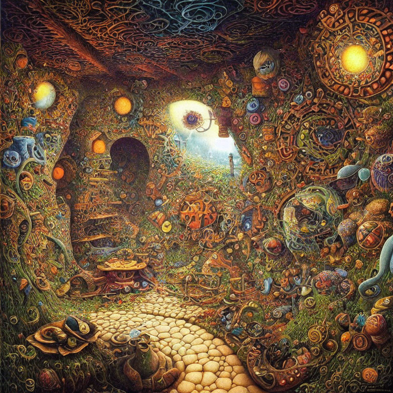 Vivid fantasy cavern with surreal patterns and glowing orbs