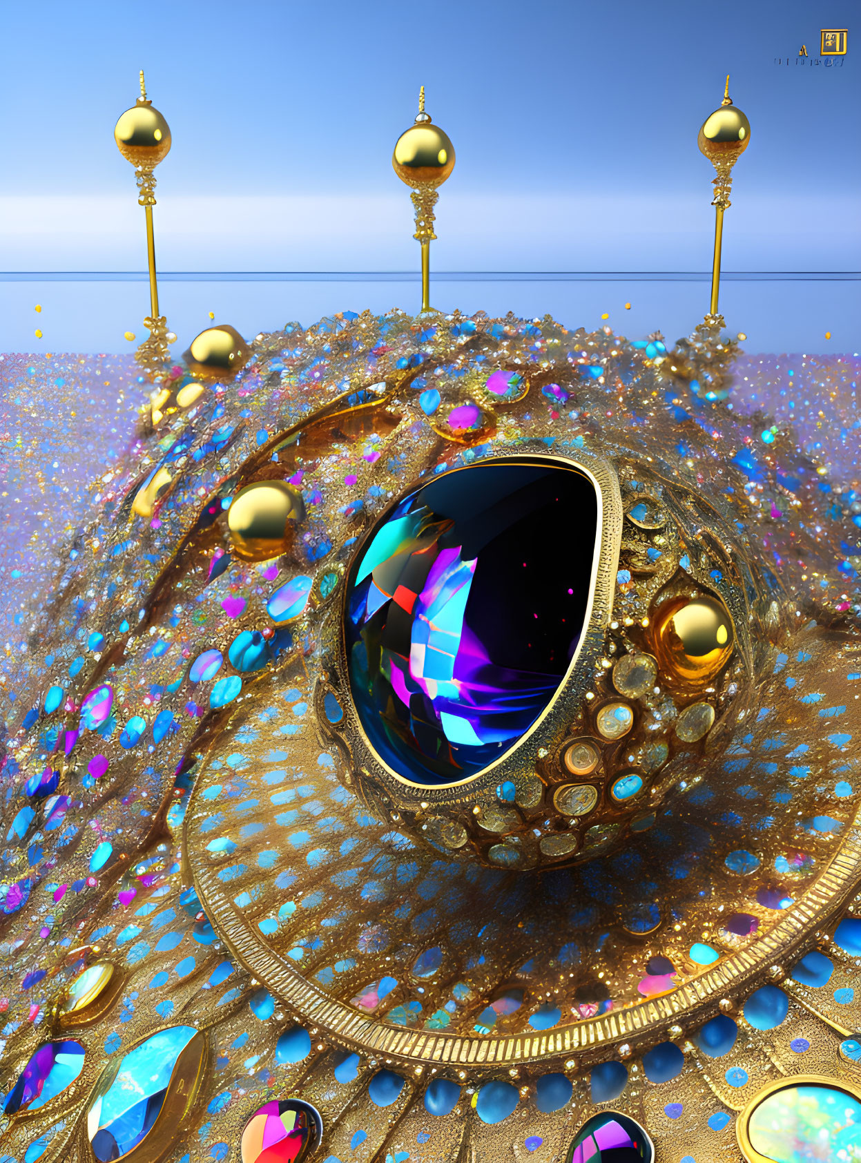 Vibrant digital artwork of ornate golden structure with gem-like center