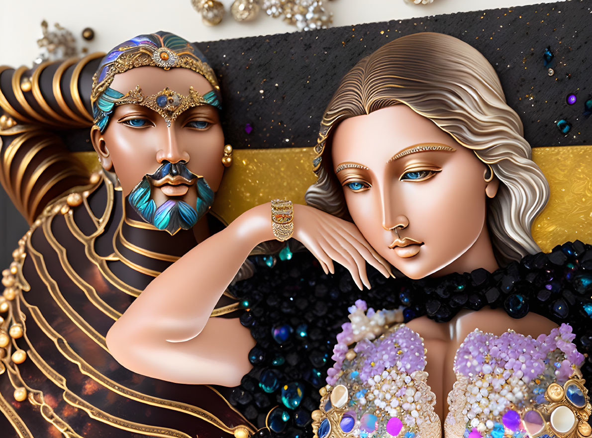 Stylized figures with golden accessories and gem embellishments