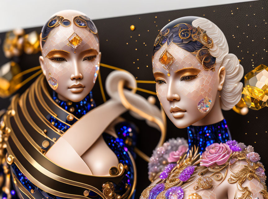 Ornate futuristic android faces with gold and jewel accents