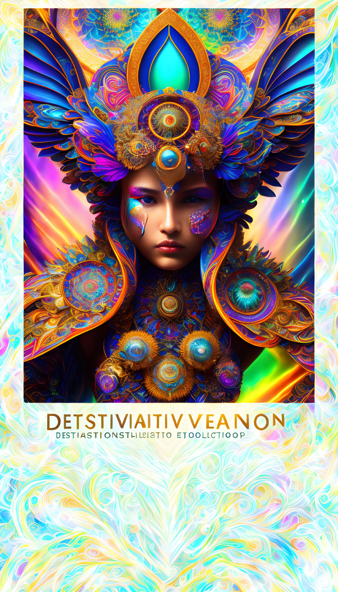 Colorful digital art: Person adorned with peacock feathers in vibrant colors