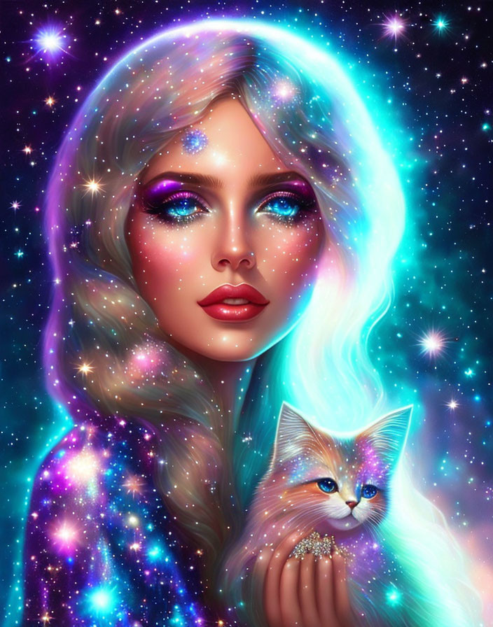 Vibrant digital artwork of woman with celestial hair holding a cat