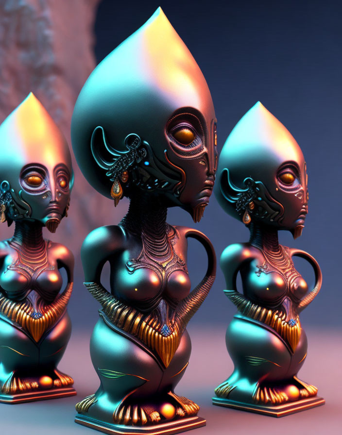 Three humanoid alien sculptures with elongated heads on gradient backdrop