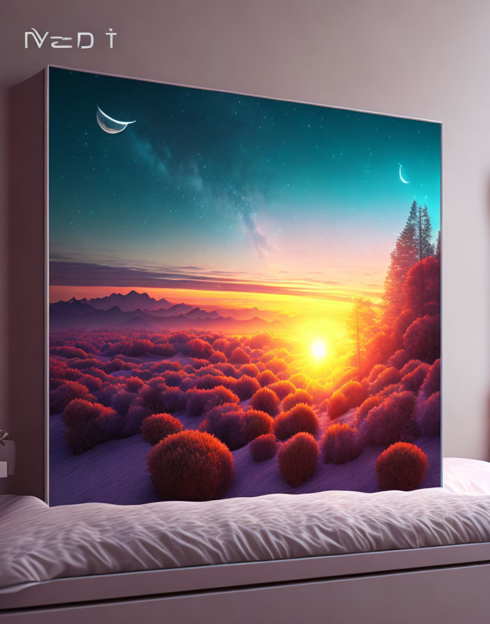 Surreal landscape with vibrant sunrise on TV screen