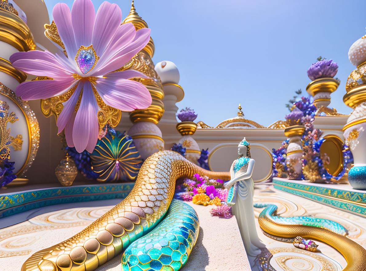 Surreal scene with pink flower, golden structures, serpent, and person in flowing attire