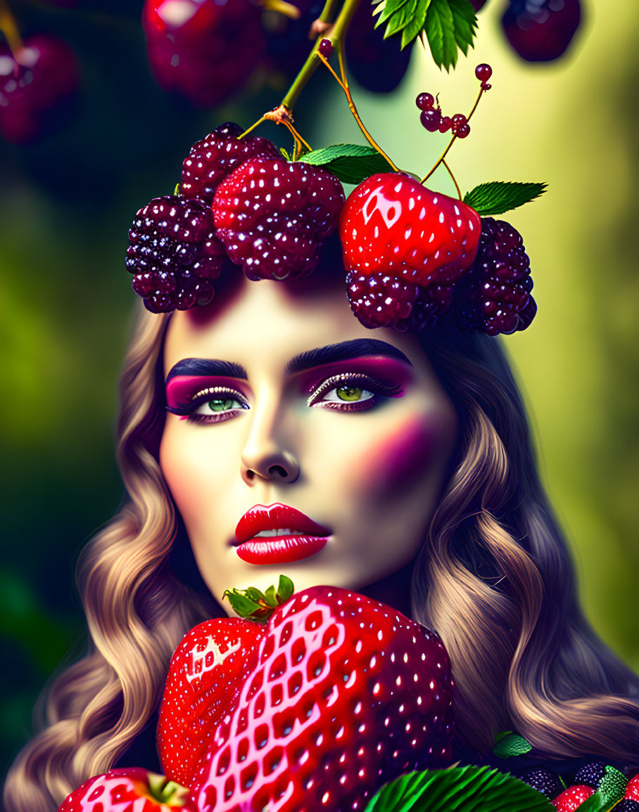 Colorful portrait of woman with berry-inspired makeup and artistic flair