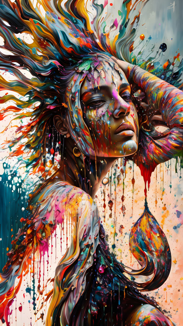 Colorful digital artwork: Woman merging with paint splashes