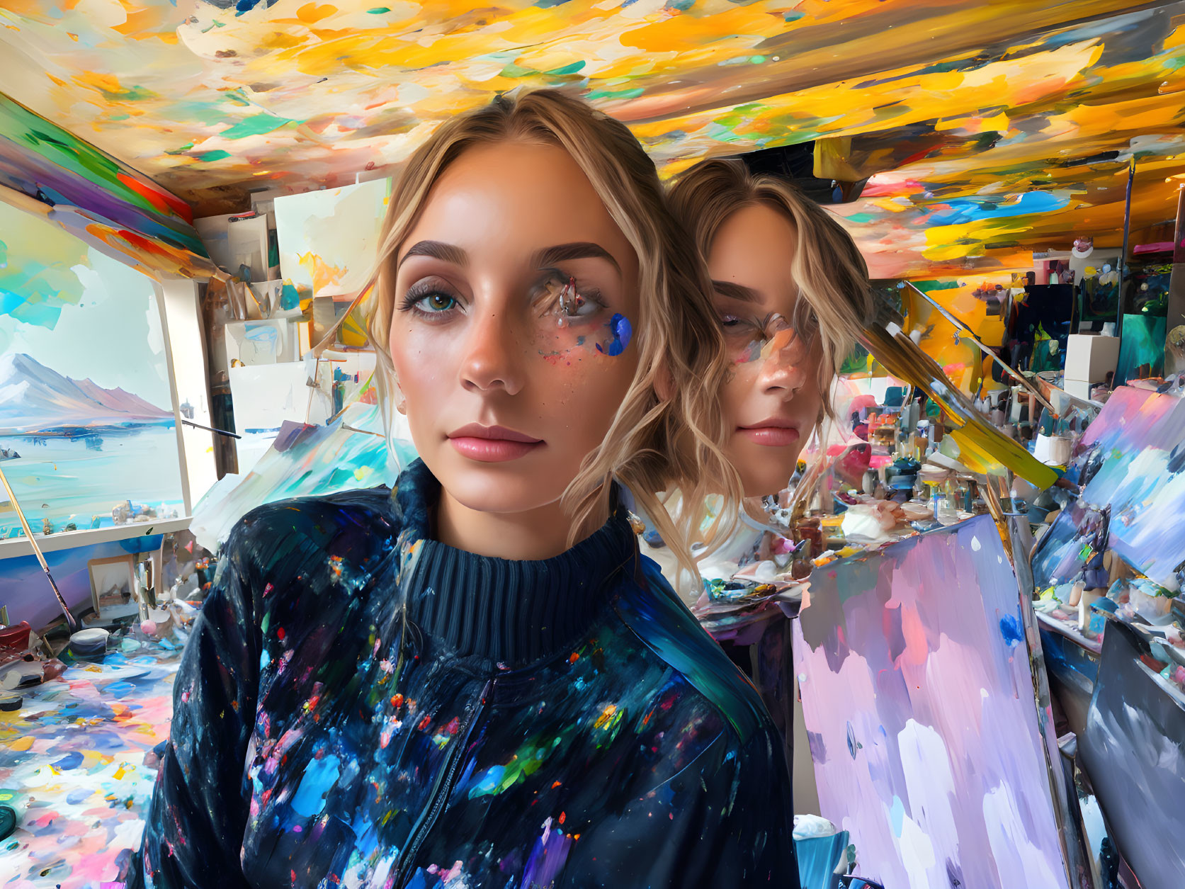 Two women in vibrant art studio with colorful paintings and art splatters.