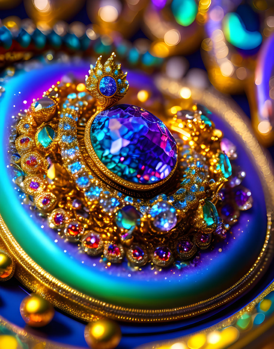 Detailed Close-Up of Ornate Jewel with Purple Gemstone and Gold Designs