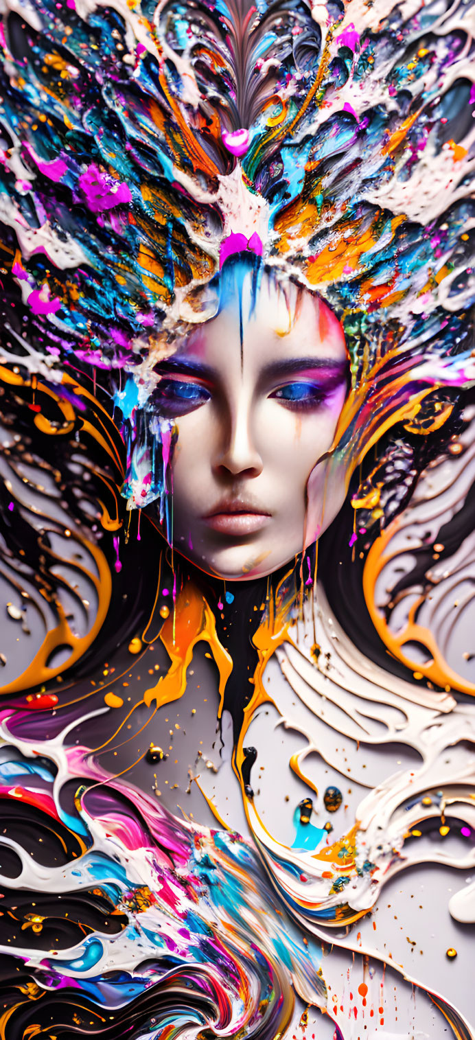 Colorful Abstract Female Face with Vibrant Paint Splashes and Swirls