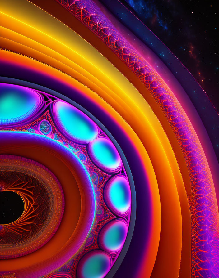 Colorful Swirling Fractal Art in Orange, Blue, and Purple