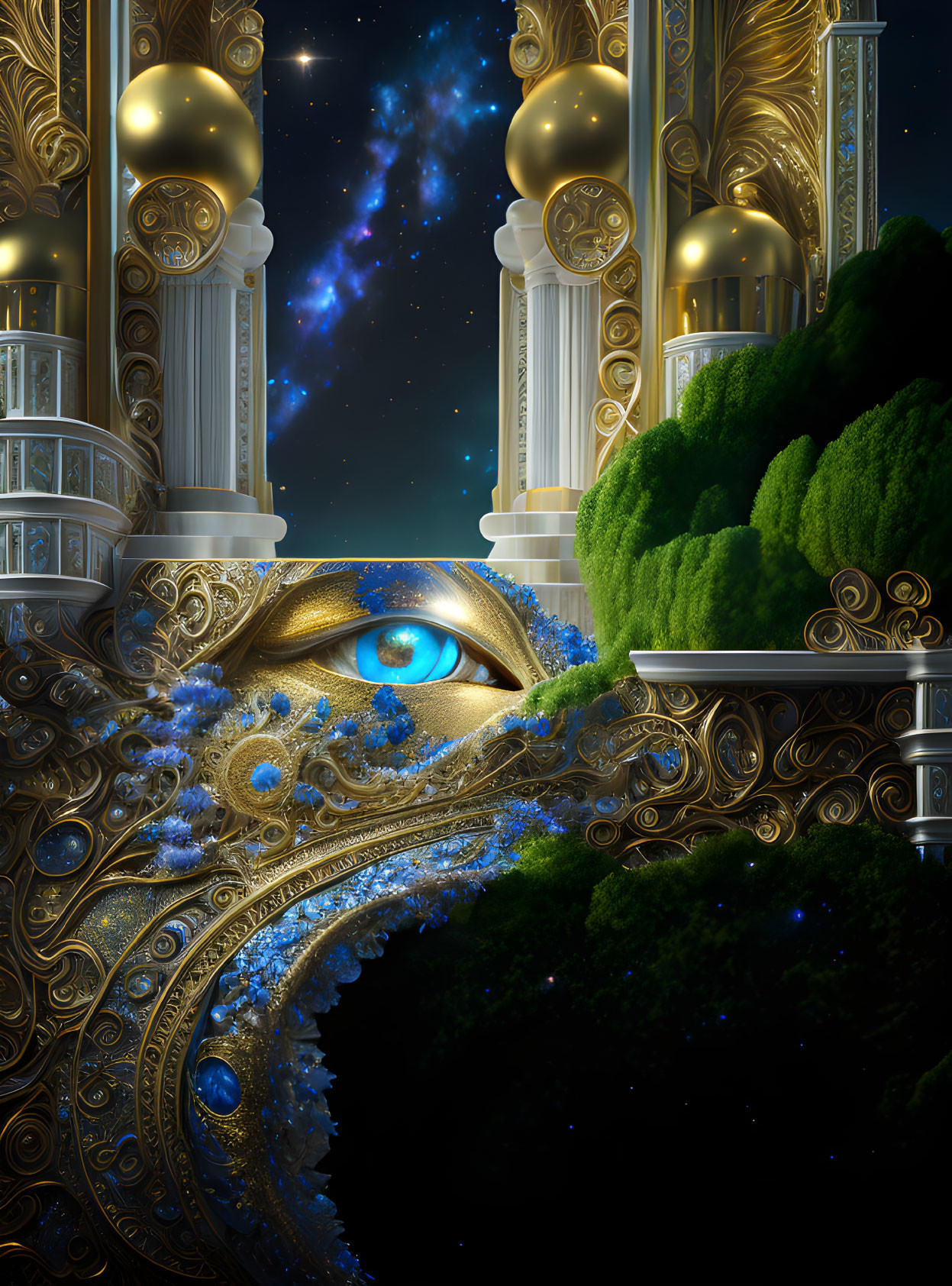 Fantastical image: Classical architecture meets cosmic elements