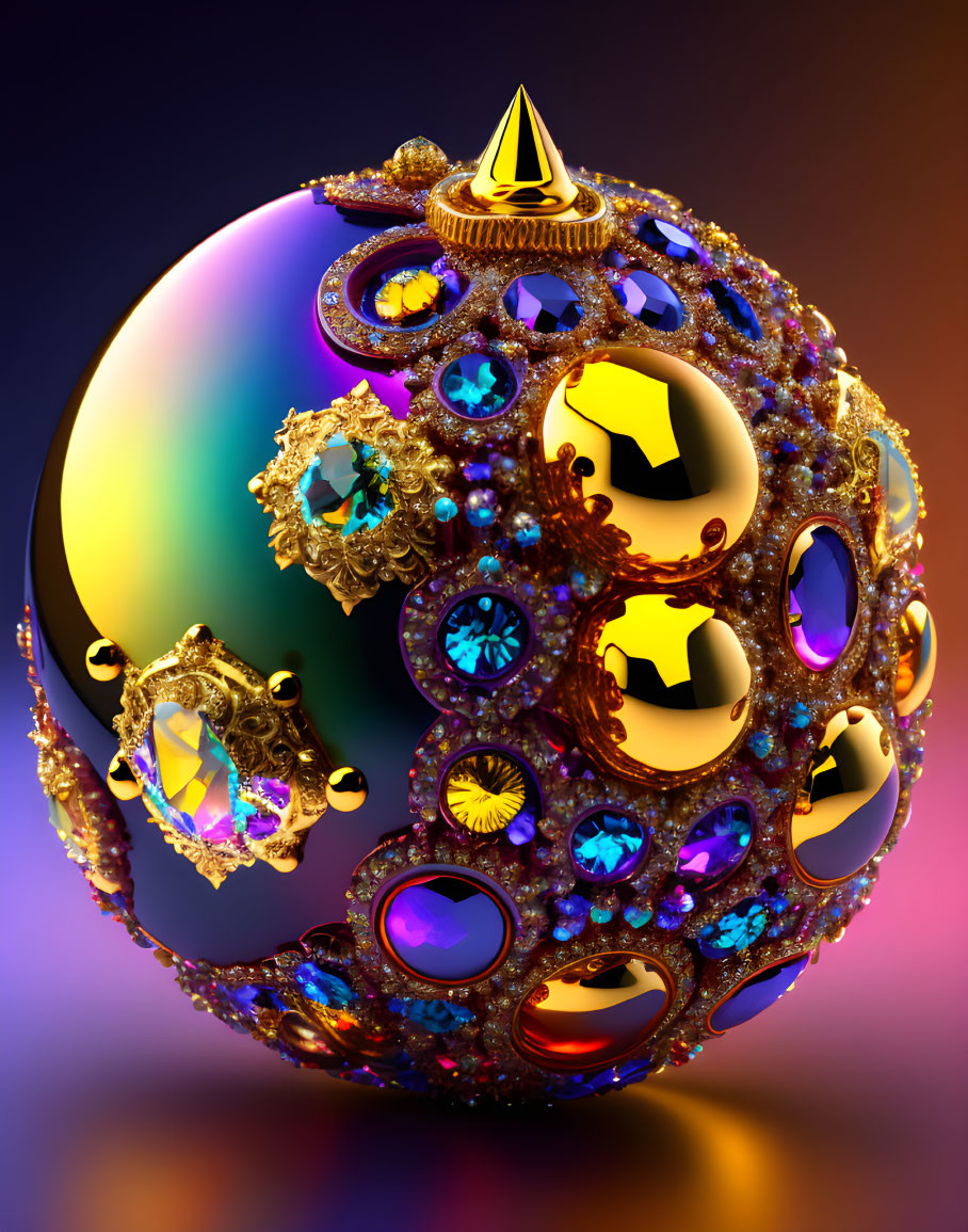 Detailed ornate sphere with jewels, cogs, and metallic designs on gradient background