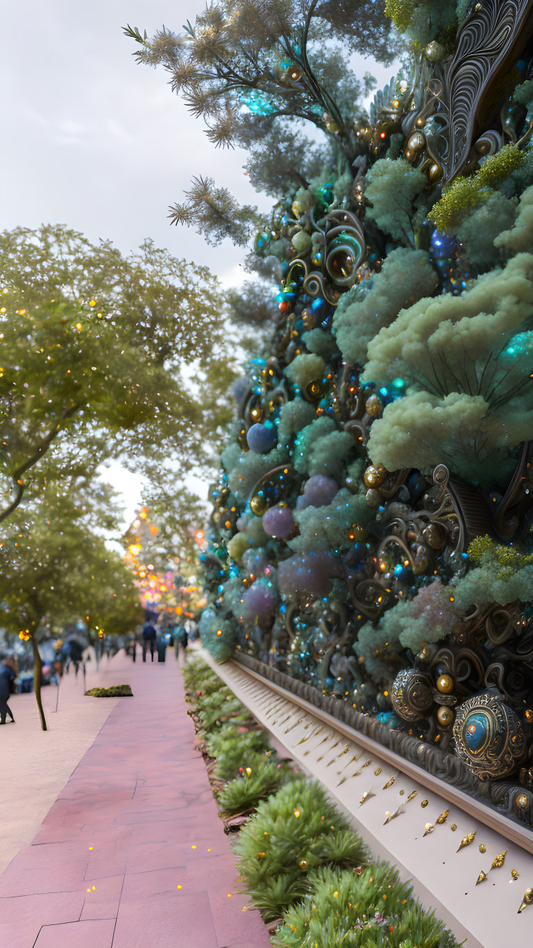 Whimsical, Colorful Trees Adorned with Ornaments Along Decorated Walkway