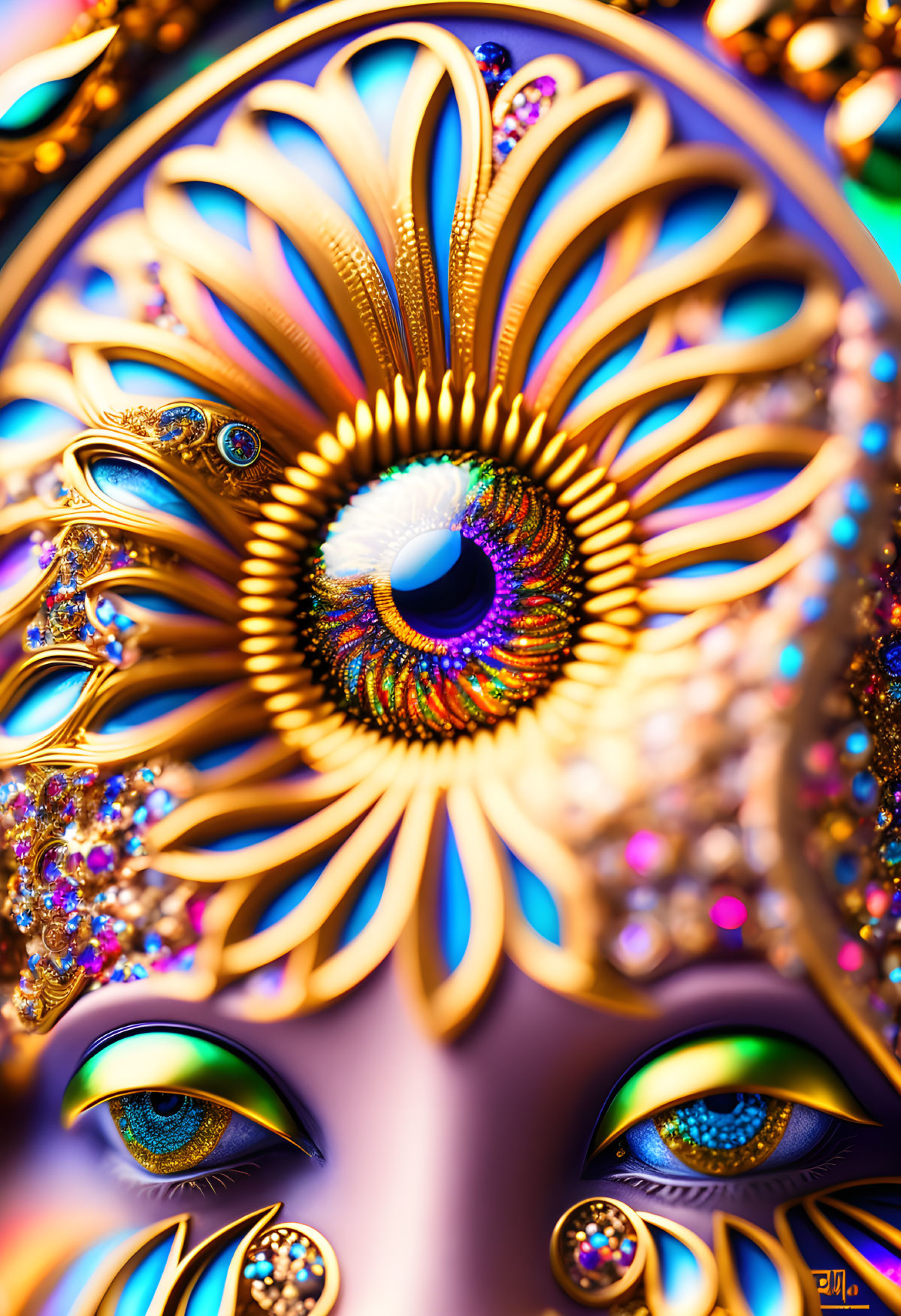 Colorful psychedelic digital art with golden mandala, blue eye, peacock feathers, and bej