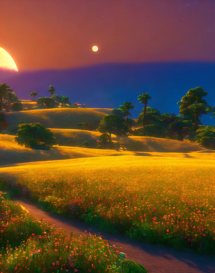 Scenic sunset with sun, moon, hills, and flowers