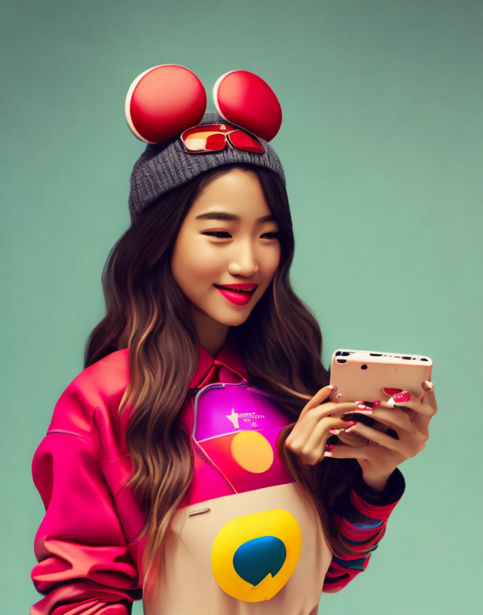 Woman in Grey Beanie with Red Mouse Ears and Pink Sunglasses Smiling with Smartphone on Green