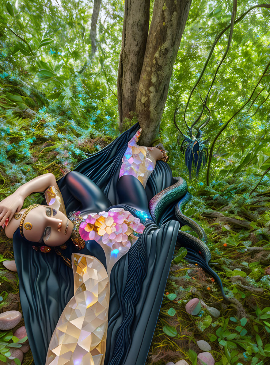 Surreal image: Woman with metallic textures in lush green forest