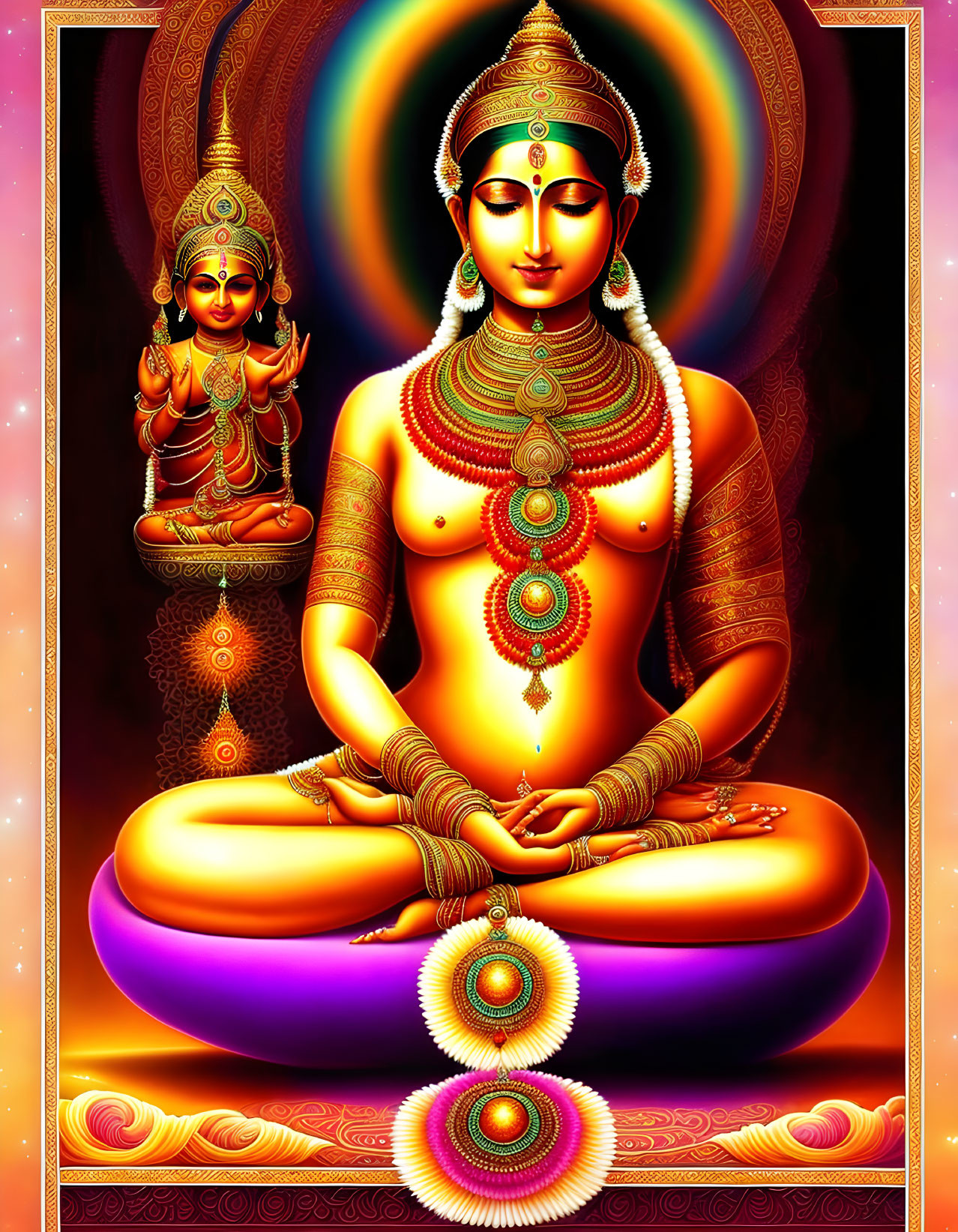 Colorful artwork of meditative figure with multiple arms and radiant aura.