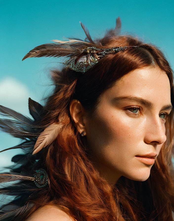 Woman with Red Hair and Feathered Headpiece under Blue Sky