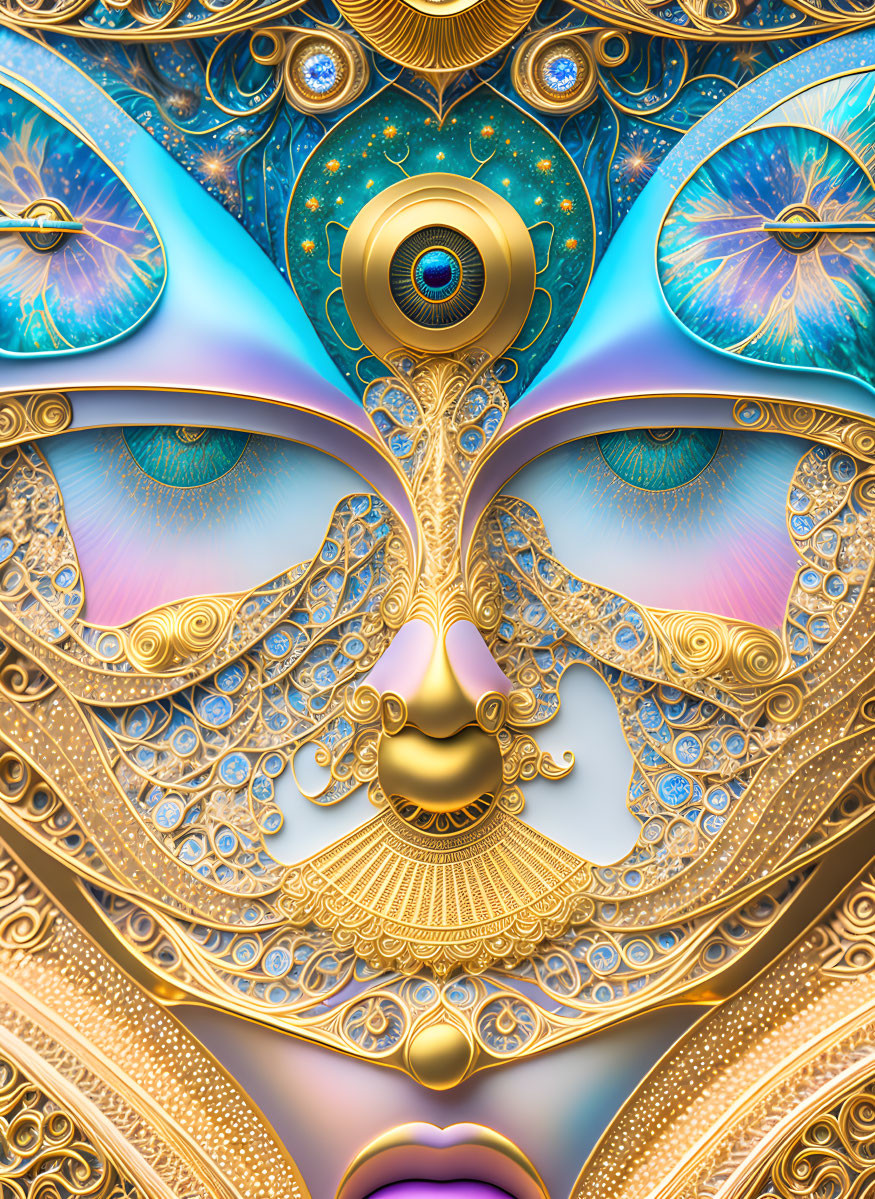 Symmetrical, ornate face with single eye: intricate digital artwork