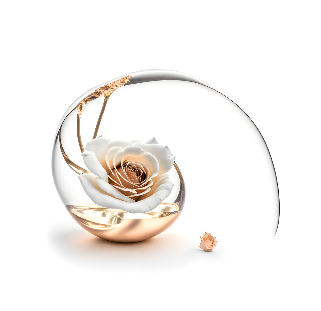 White Rose in Glass Sphere with Gold Accents and Fallen Petal