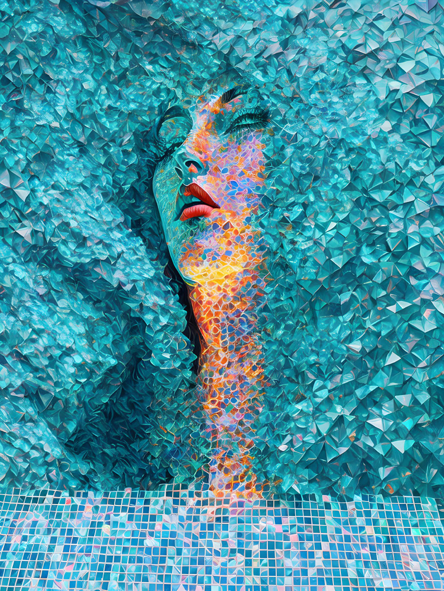 Vibrant surreal portrait: Woman's face in colorful mosaic sea