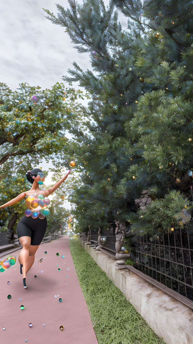 Joyful woman in black outfit running towards floating bubbles on path with trees and fence.