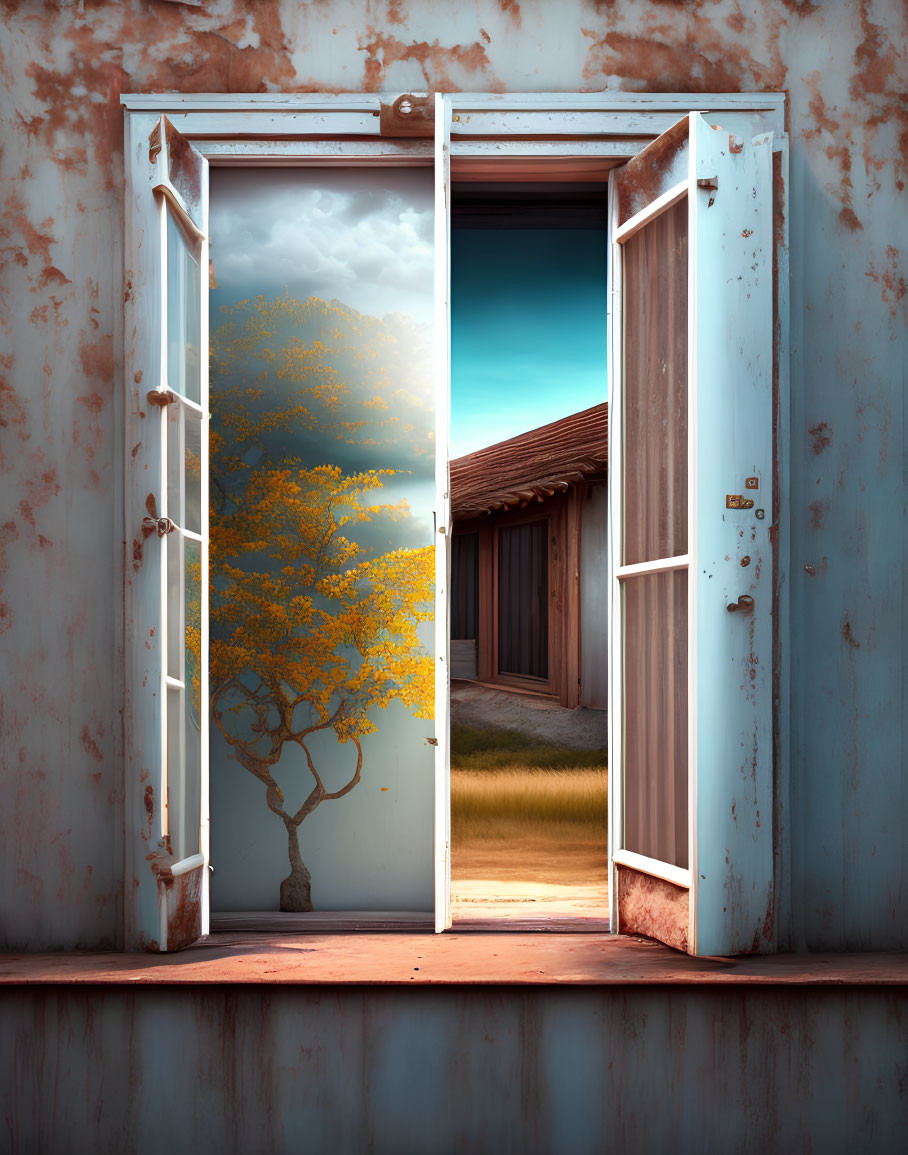 Rusted open window frame with blossoming tree and wooden cabin