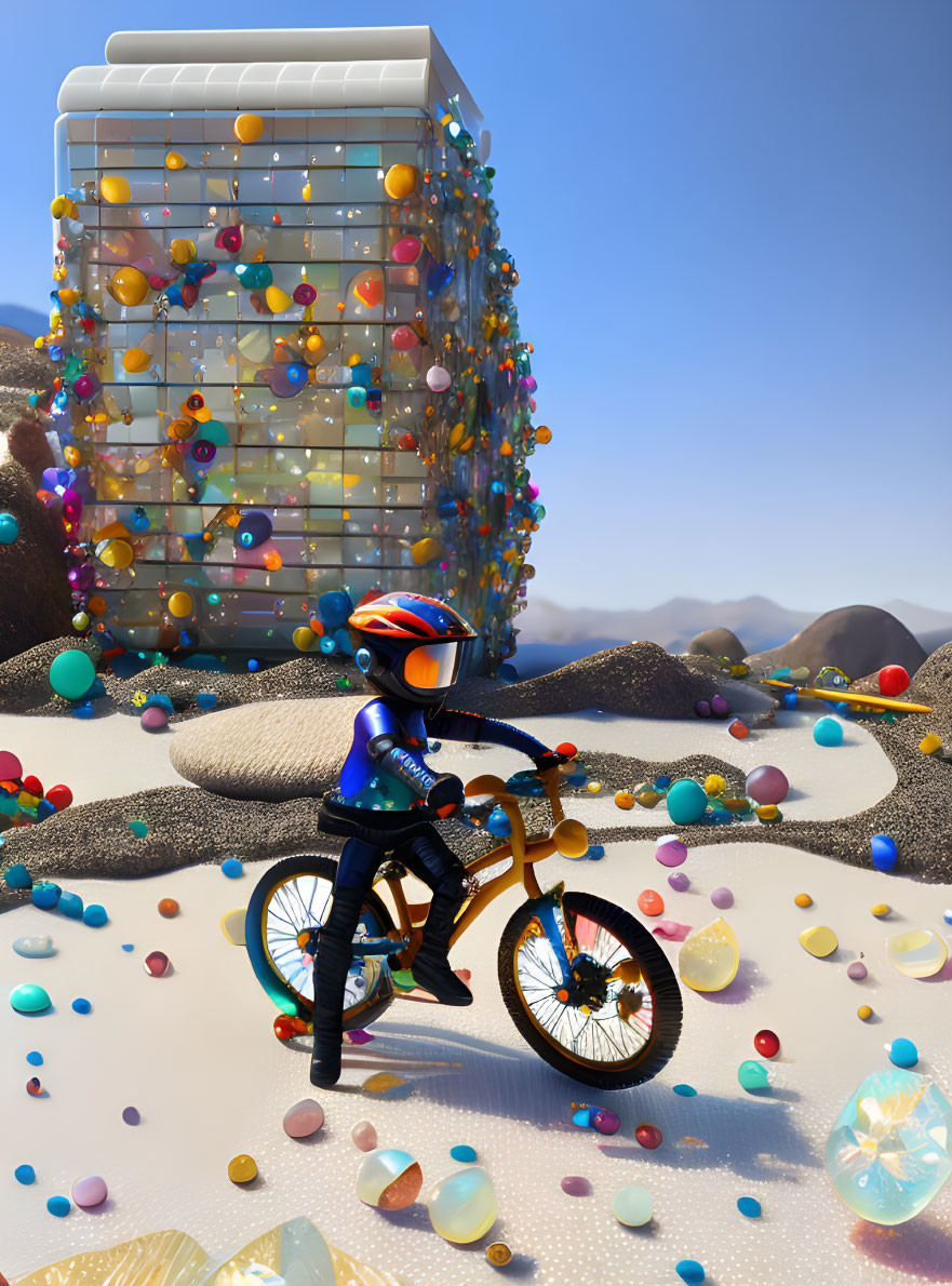 Child on Bike with Helmet in Desert Landscape with Colorful Balloons and Gemstones