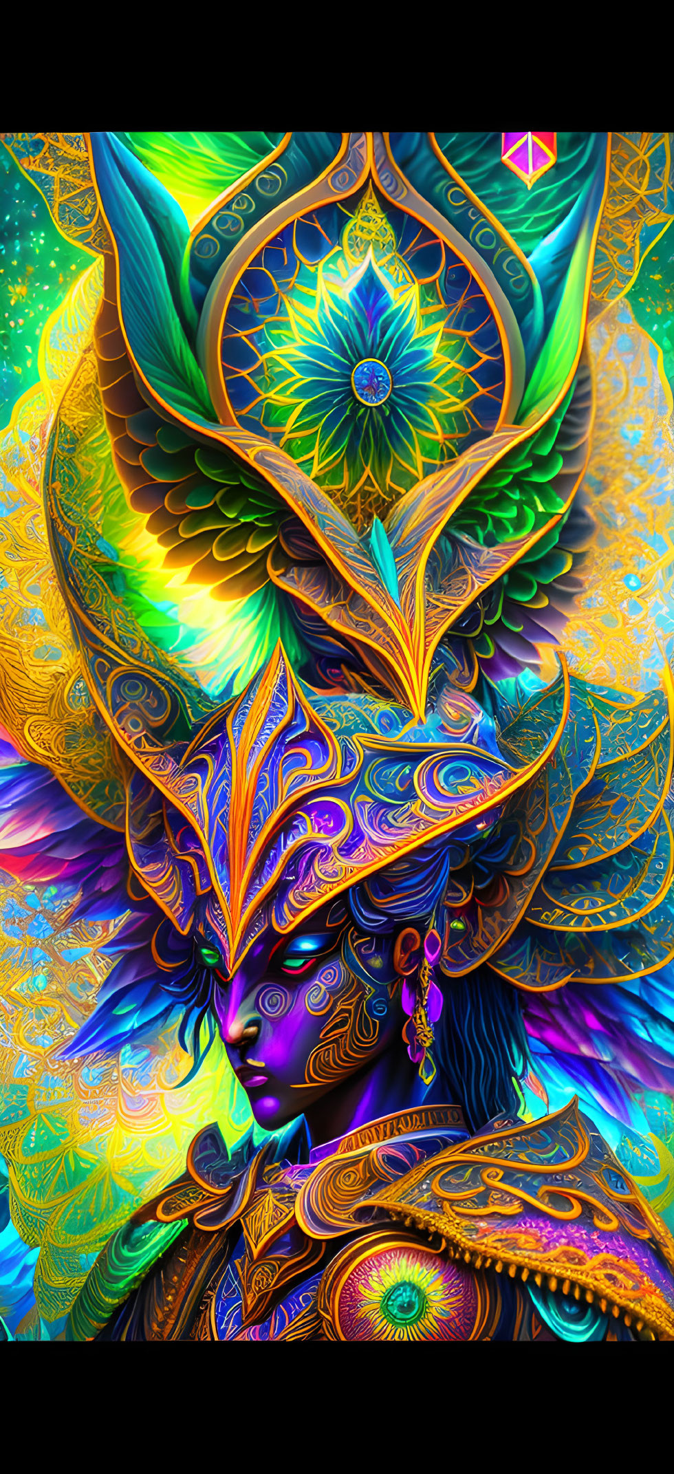 Colorful Psychedelic Artwork: Figure with Elaborate Patterns and Butterfly Wings