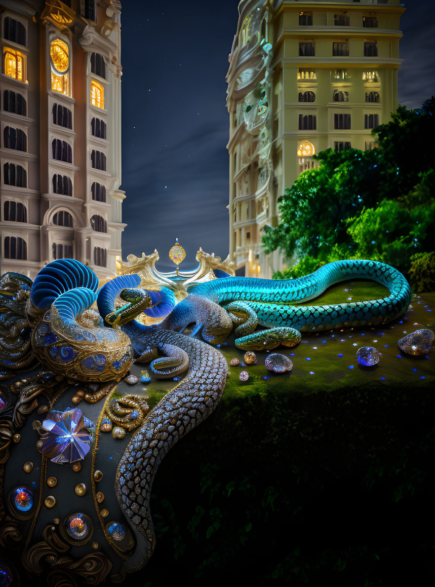 Jewel-Adorned Serpent Coils Near Elegant Building