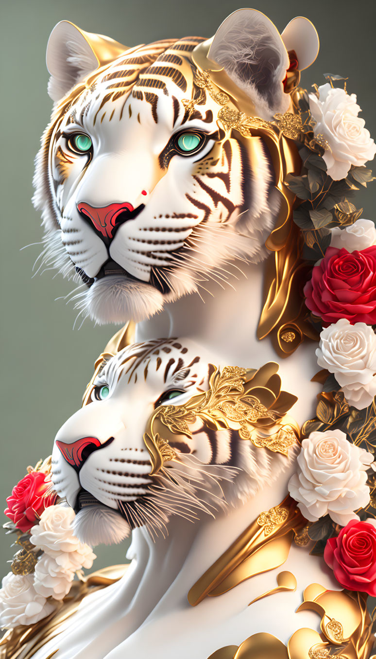 Digital Artwork: White Tigers with Gold Ornaments and Red Roses